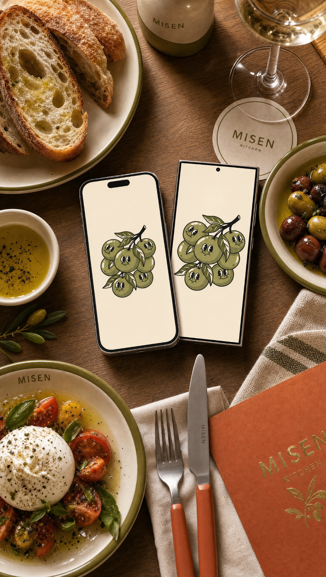 Misen Kitchen branded tableware with olive-themed phone displays